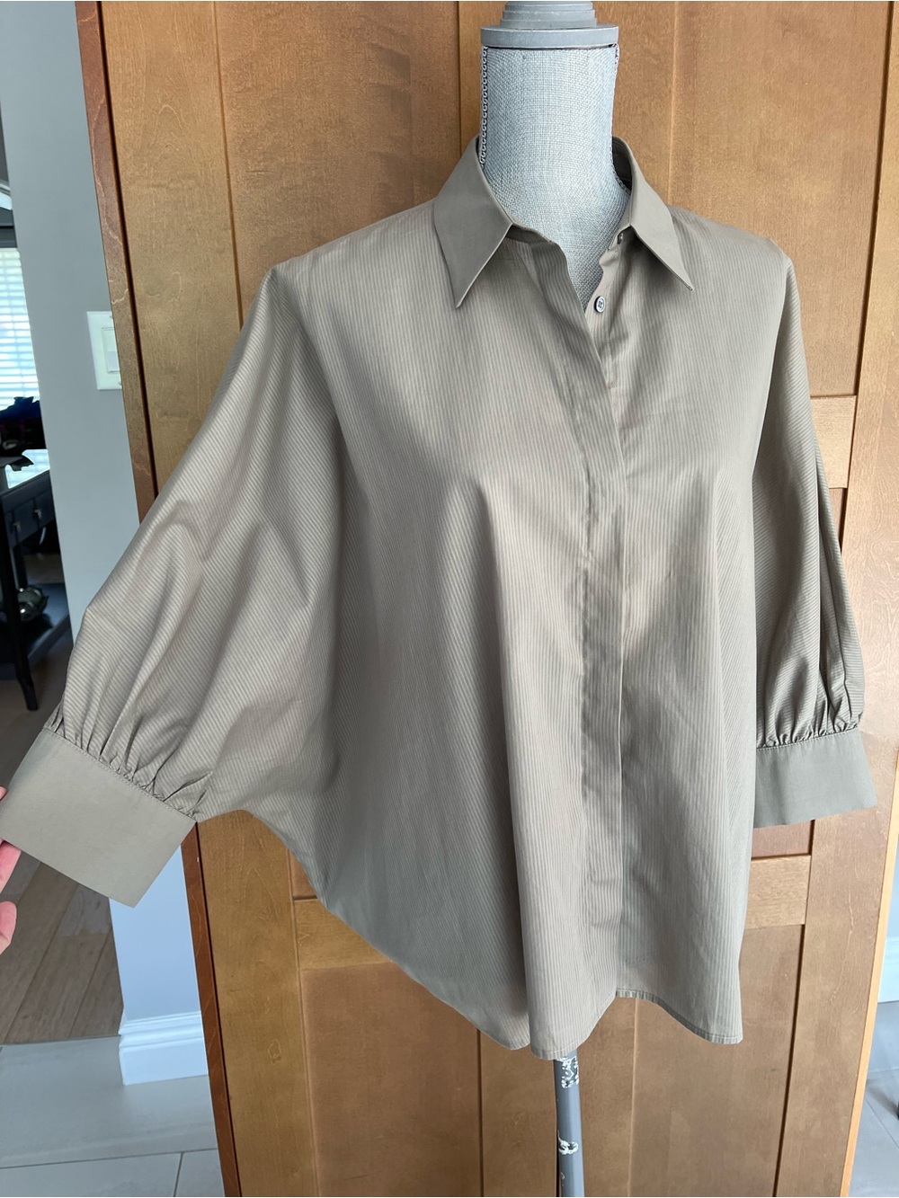 Hana San France Batwing Olive-Taupe Pinstripe Button-Front Cotton Blouse, Medium